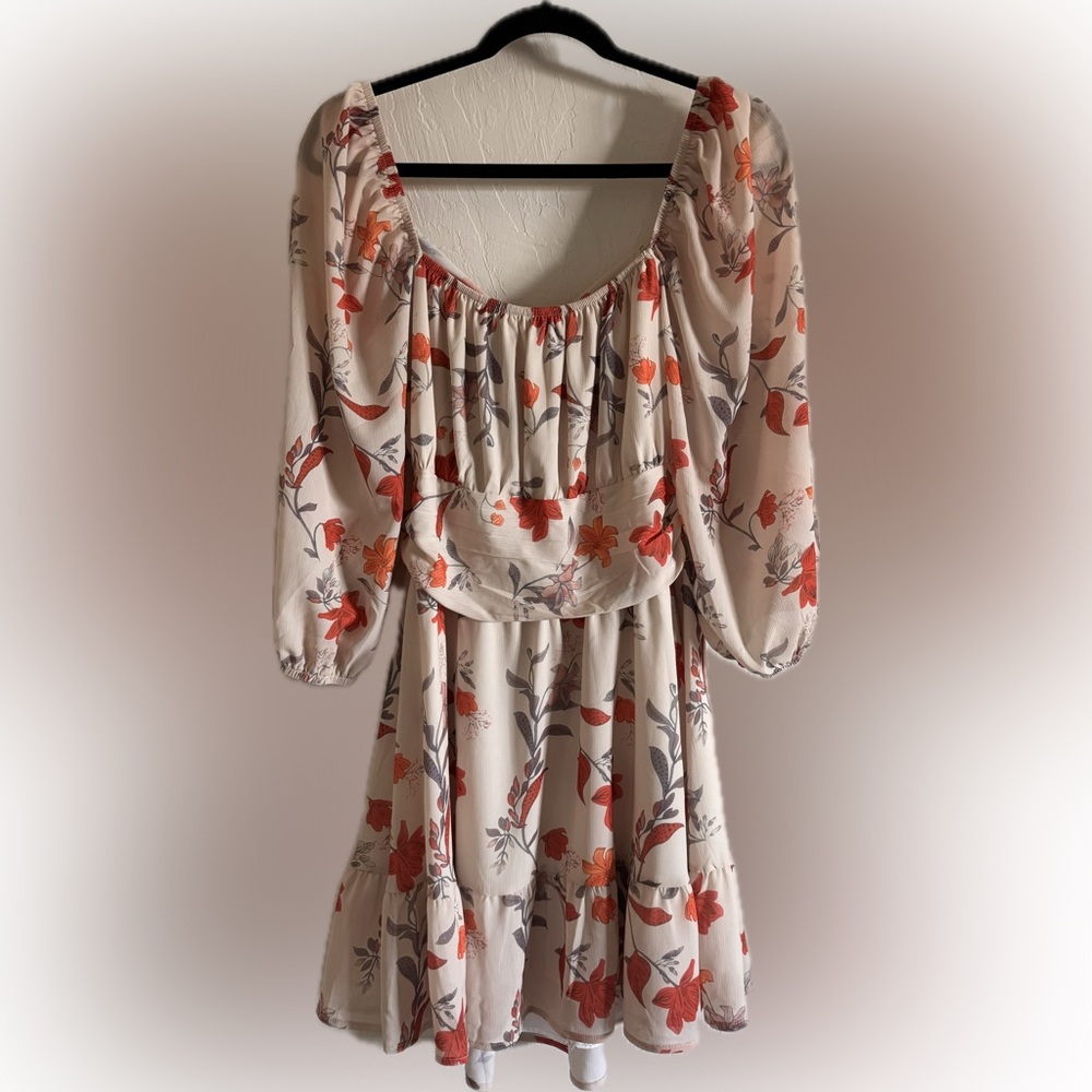 Exlura Peasant Dress orange Floral design Flowy Long sleeves
